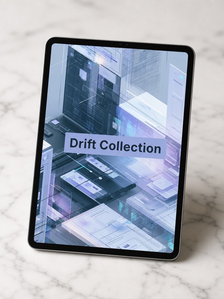 Tablet displaying a digital interface with 'Drift Collection' text on a marble surface