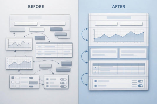Comparison of a wireframe before and after optimization with graphs and forms.