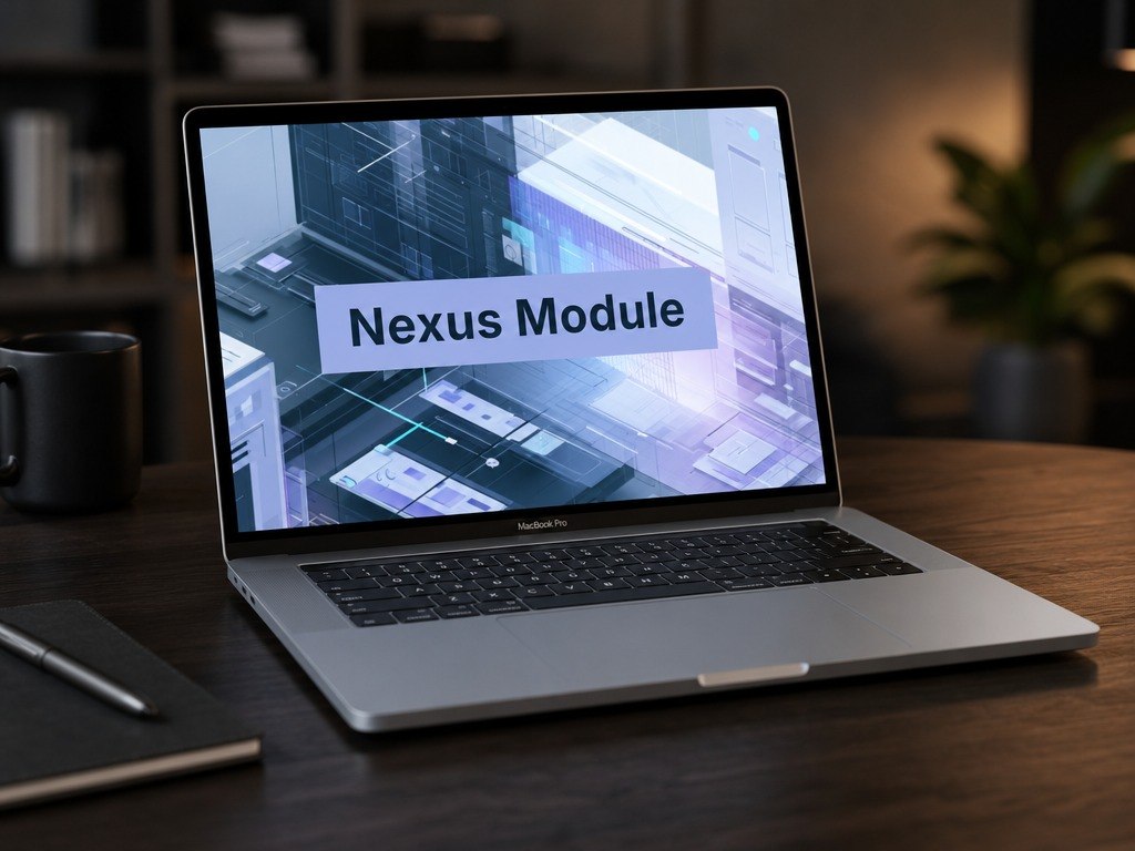 Laptop on a desk with 'Nexus Module' displayed on the screen
