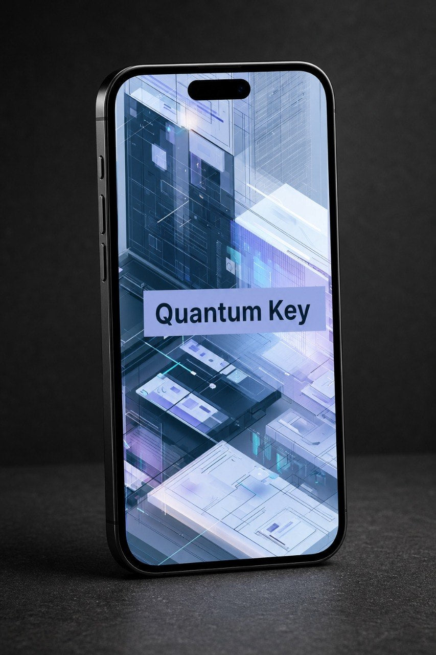 Smartphone with 'Quantum Key' displayed on a dark background