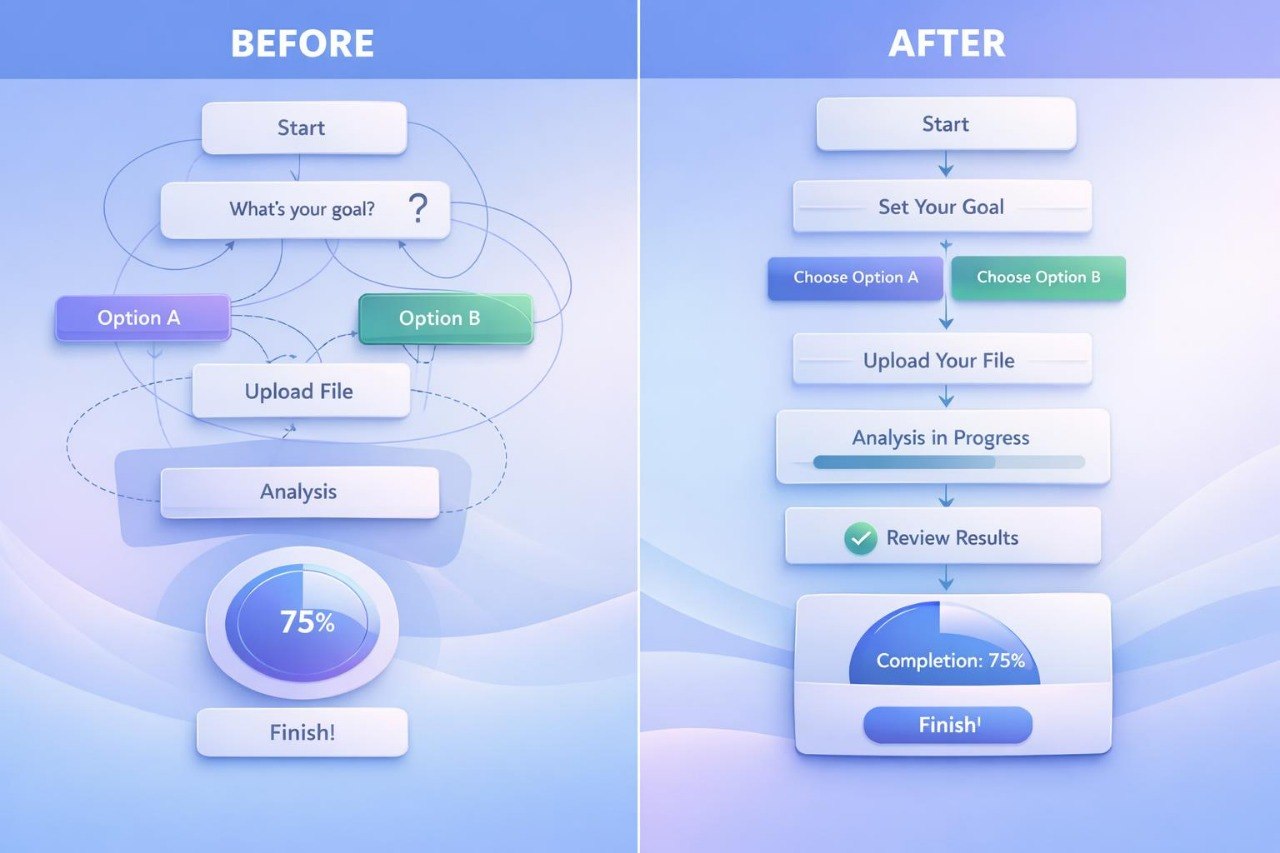 Before and after comparison of a user interface with text boxes and buttons on a blue background.