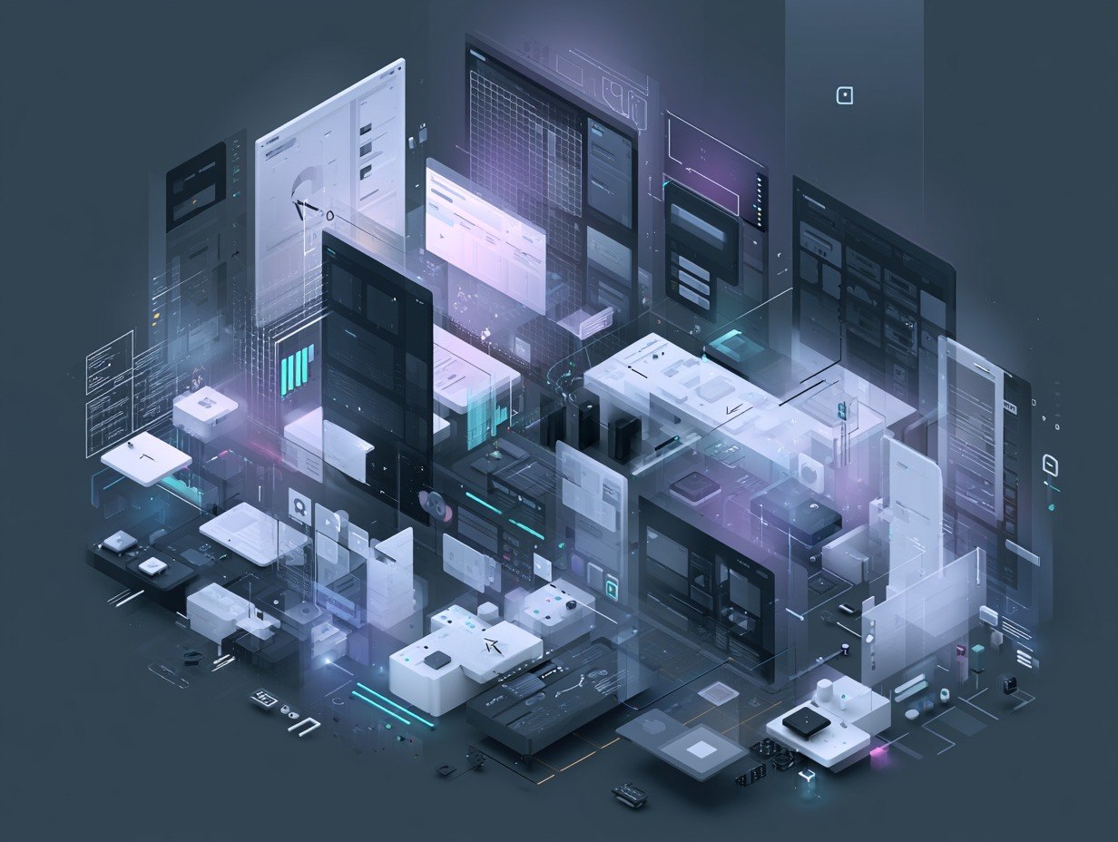Isometric illustration of a futuristic cityscape with buildings and digital elements.