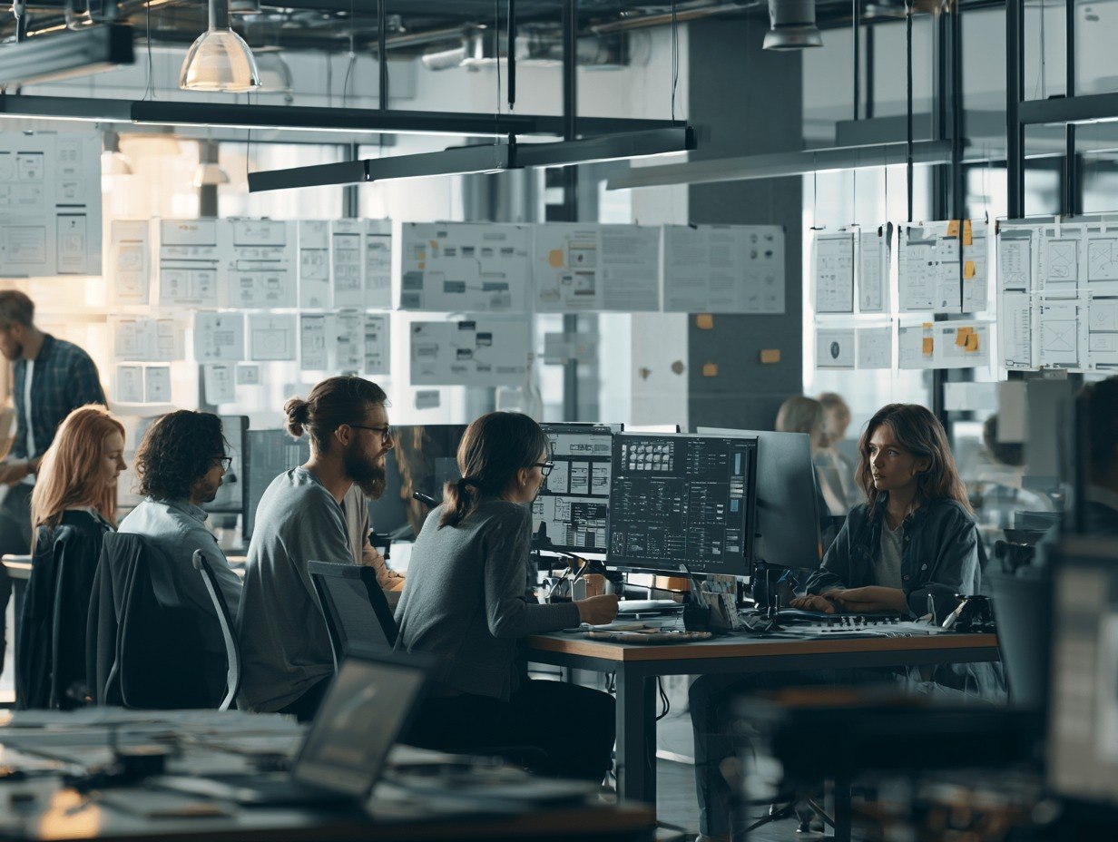 People working in a modern office with large windows and digital displays.