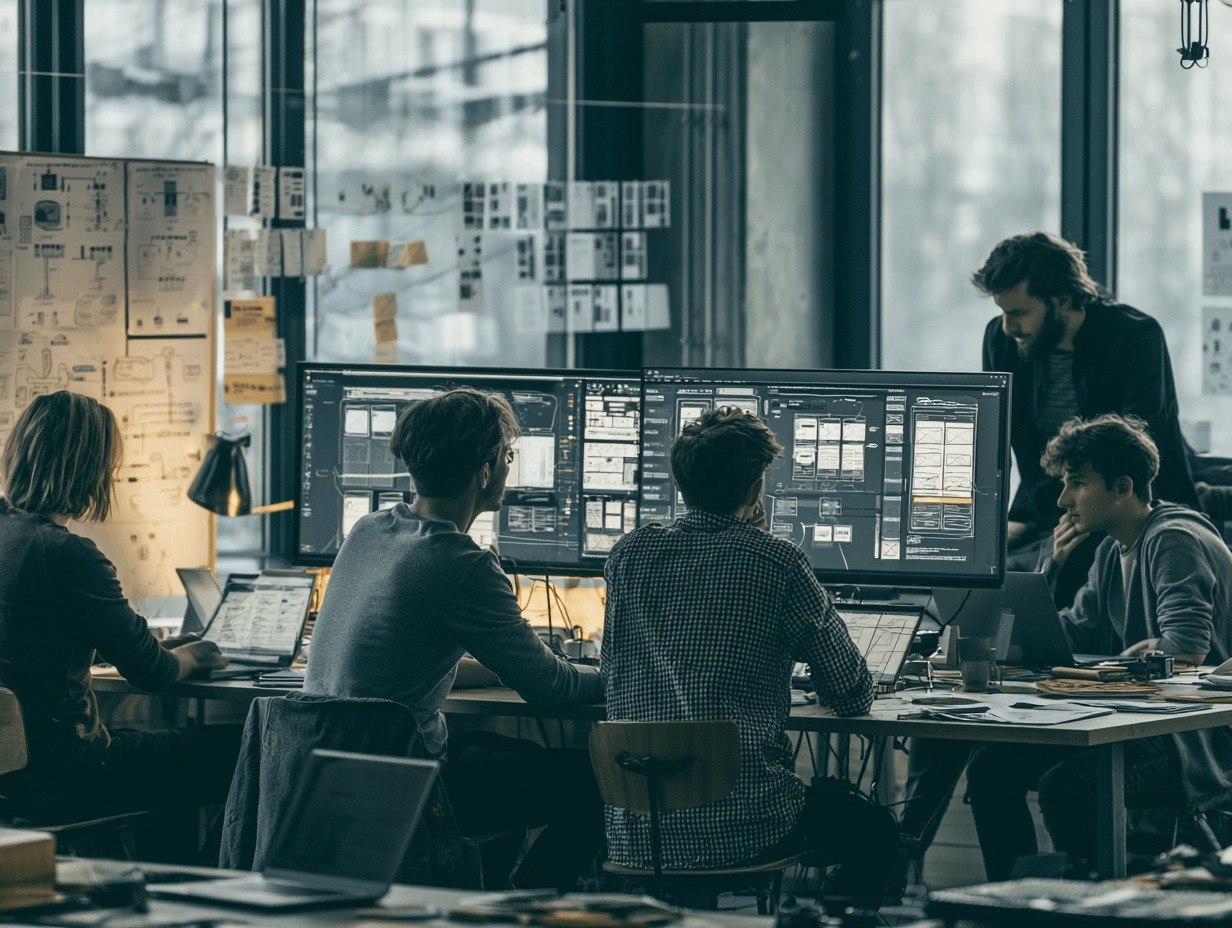 Team of people working at computers in a modern office setting
