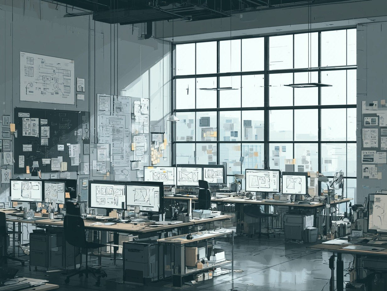 Modern office with large windows and multiple computer monitors on desks.