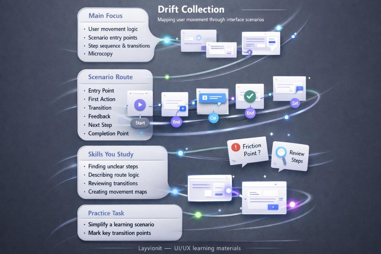 Diagram of user interface design elements with text labels on a dark background