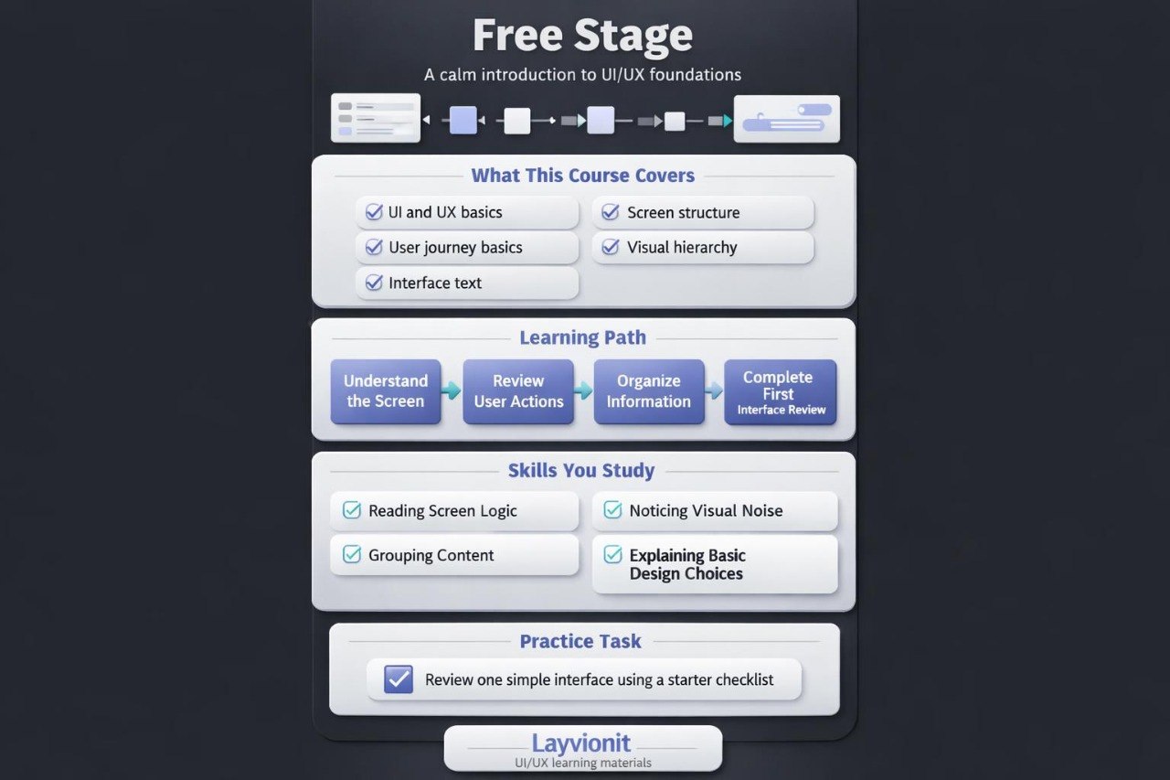 Course outline for a free stage introduction to UI/UX foundations on a dark background.