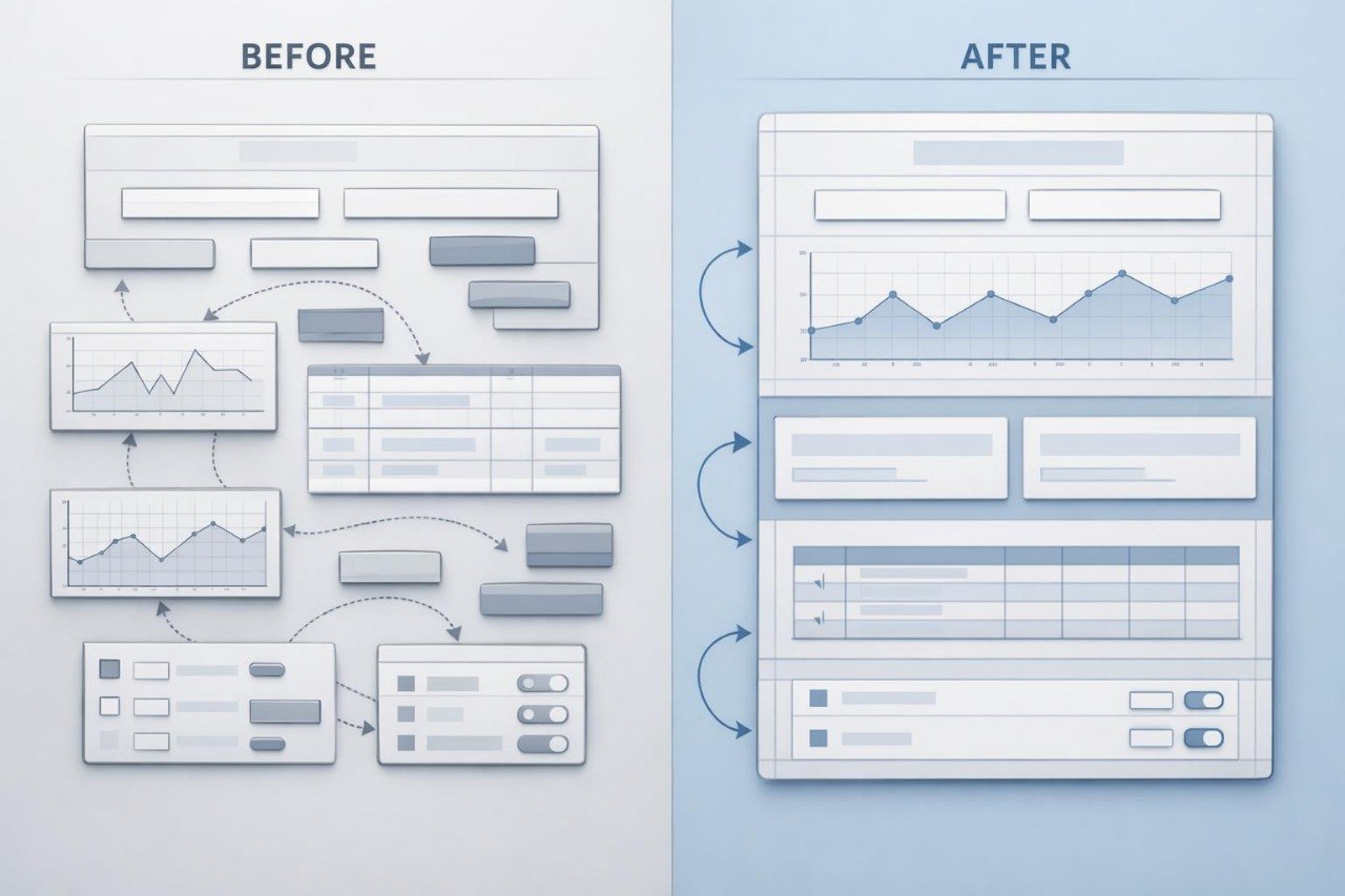 Comparison of a wireframe before and after optimization with graphs and forms.