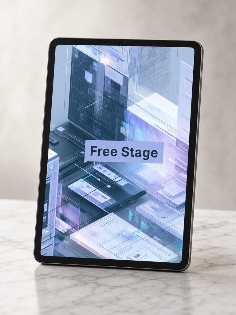 Tablet displaying a 3D architectural model with 'Free Stage' text on a marble surface.