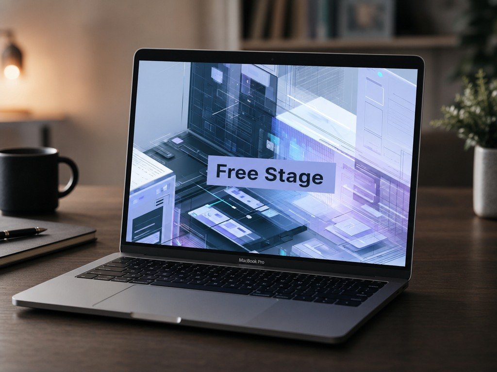 Laptop on a desk with a 'Free Stage' graphic on the screen