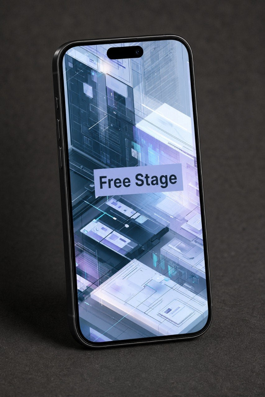 Smartphone with a futuristic cityscape on the screen against a dark background