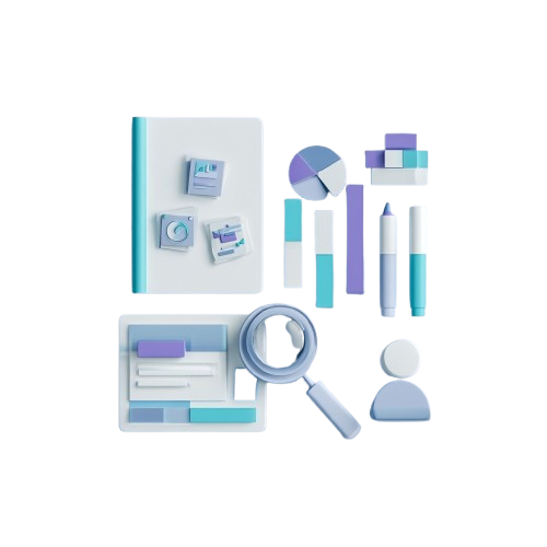 Collection of office supplies including a notebook, pens, and a magnifying glass on a white background