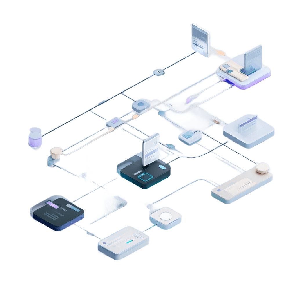 Diagram of interconnected devices and systems on a green background