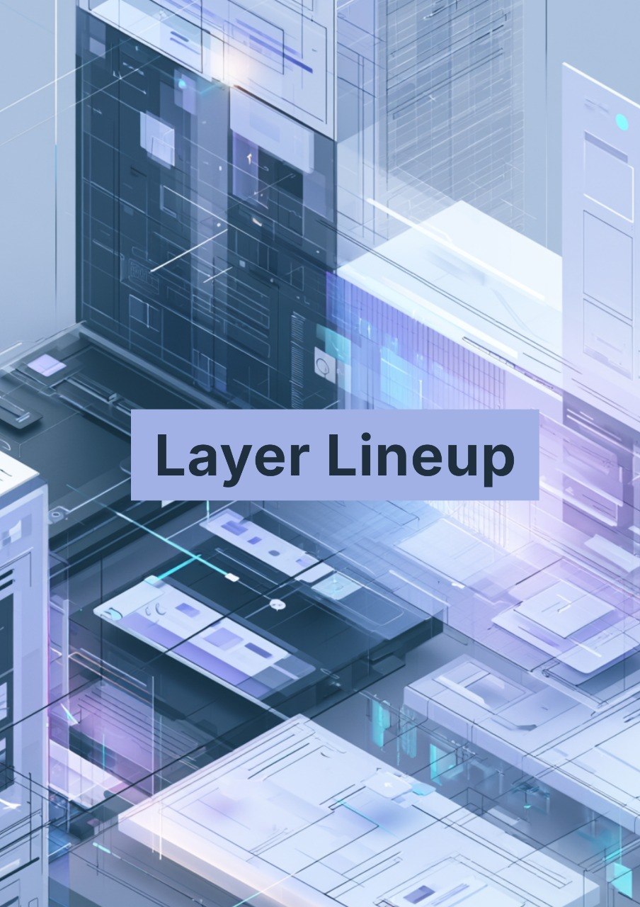 Abstract digital illustration of layered technology with 'Layer Lineup' text.