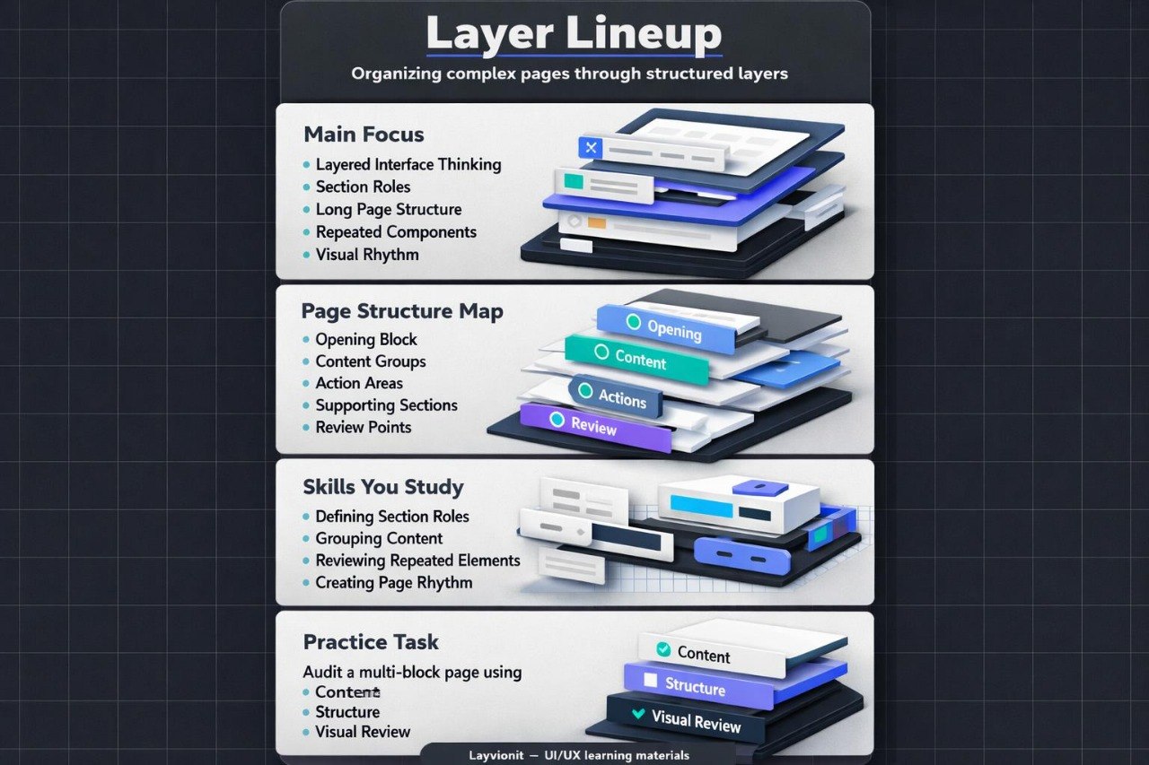 Diagram of layer lineup for organizing complex pages with structured layers on a dark grid background.