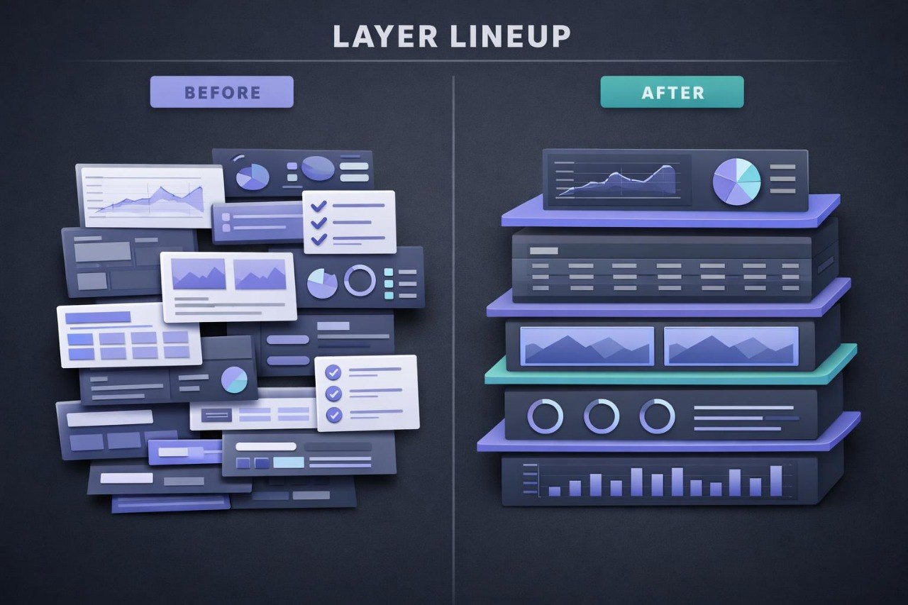 Comparison of 'Before' and 'After' layer lineups with UI elements on a dark background.