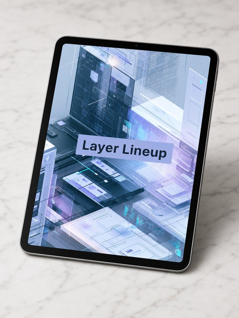 Tablet displaying a futuristic cityscape with 'Layer Lineup' text on a light surface.