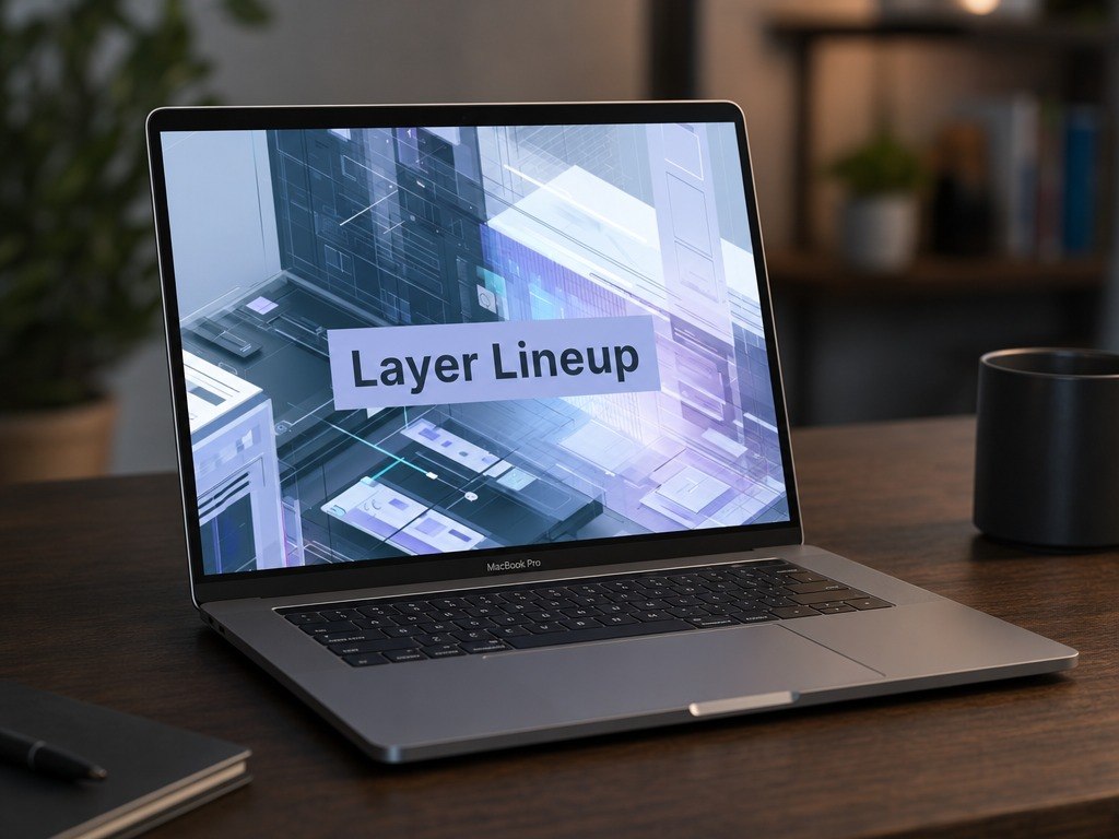 Laptop on a desk with 'Layer Lineup' displayed on the screen
