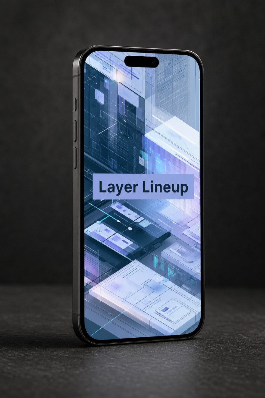 Smartphone displaying a 'Layer Lineup' on a dark background
