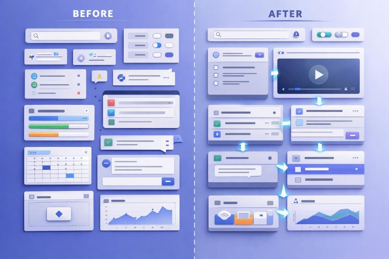 Before and after comparison of user interface elements on a blue background