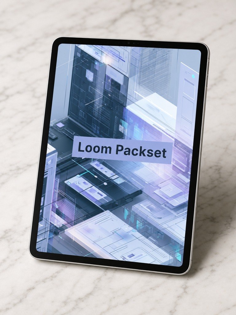 Tablet displaying a digital interface with 'Loom Packset' text on a marble surface