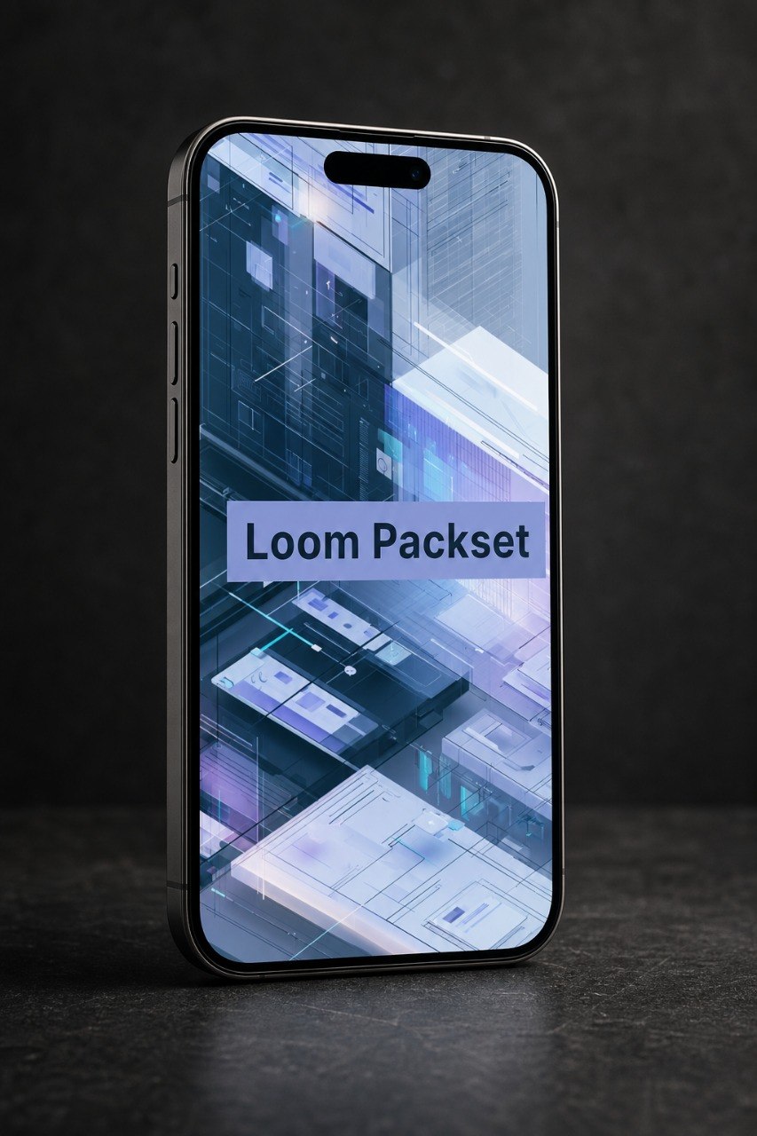 Smartphone with 'Loom Packset' app interface on a dark background