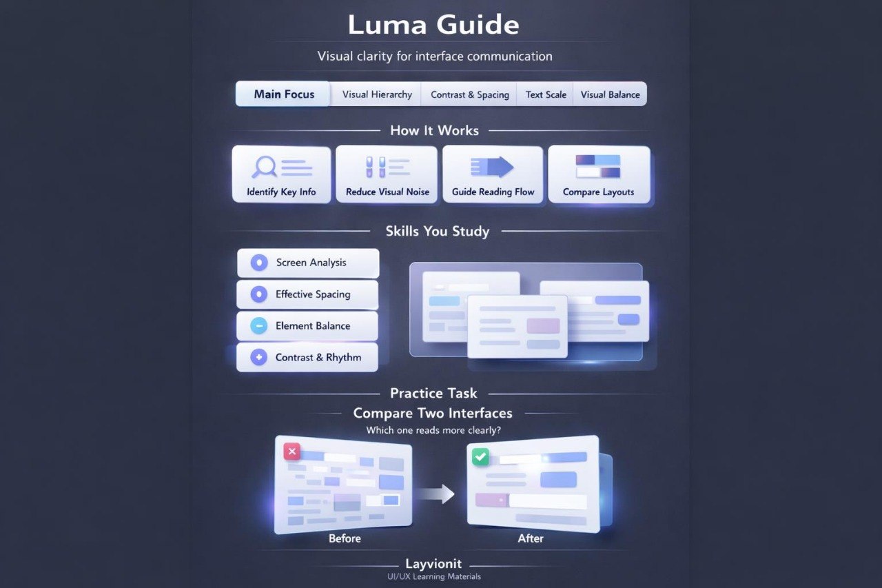 Luma Guide interface communication clarity tool with various features and steps.