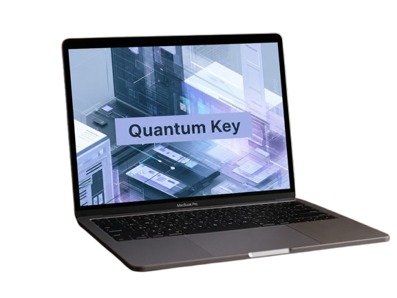 Laptop with 'Quantum Key' displayed on the screen against a white background