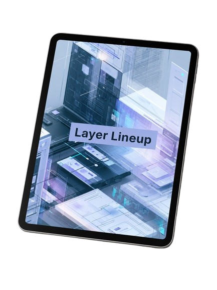 Tablet displaying a futuristic interface with 'Layer Lineup' text on a white background