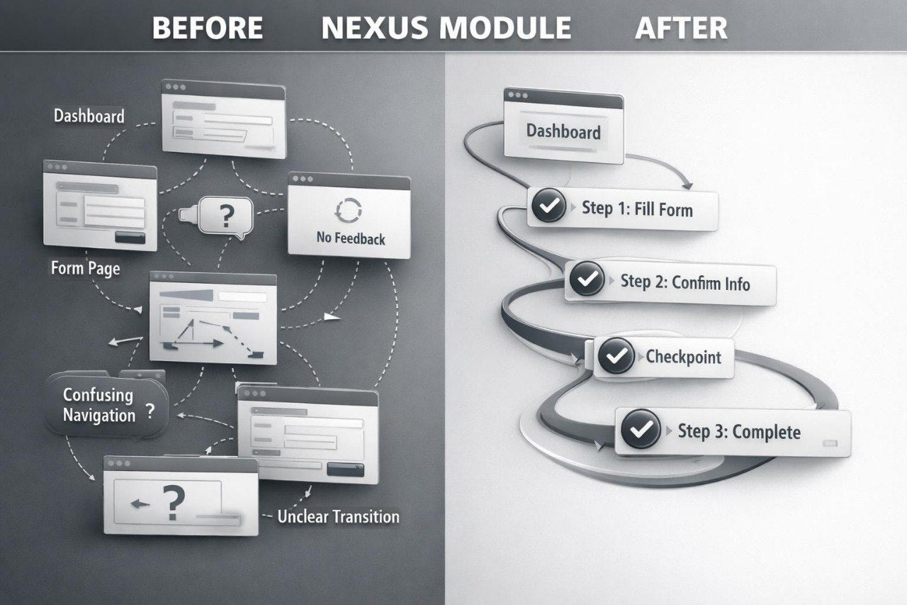 Comparison of dashboard design before and after implementing the Nexus module with labeled steps.