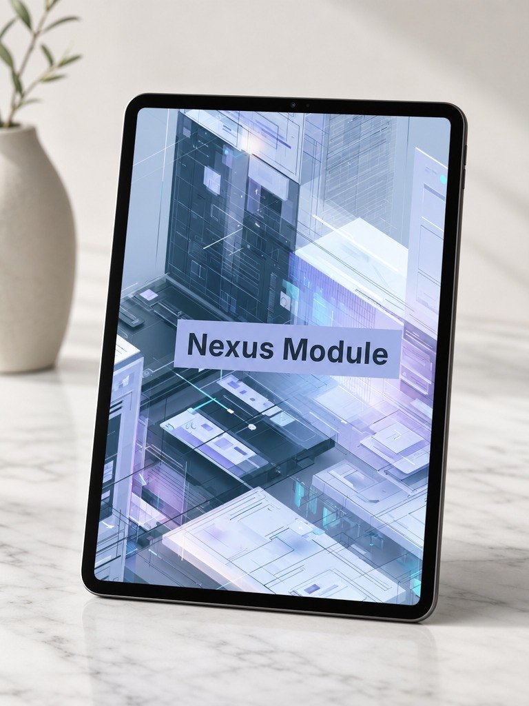 Tablet displaying 'Nexus Module' on a marble surface with a plant in the background