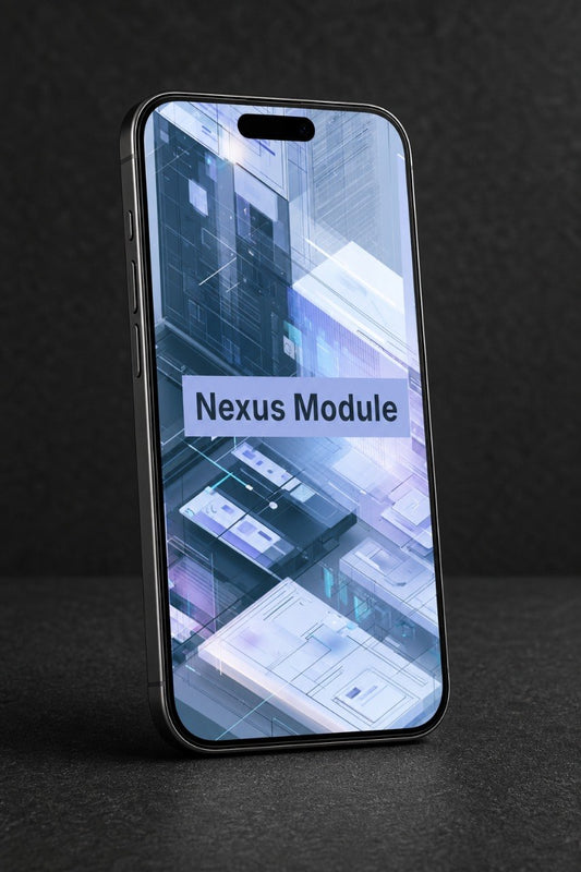 Smartphone with 'Nexus Module' display on a dark background