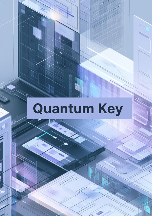 Digital illustration of a futuristic cityscape with 'Quantum Key' text overlay.