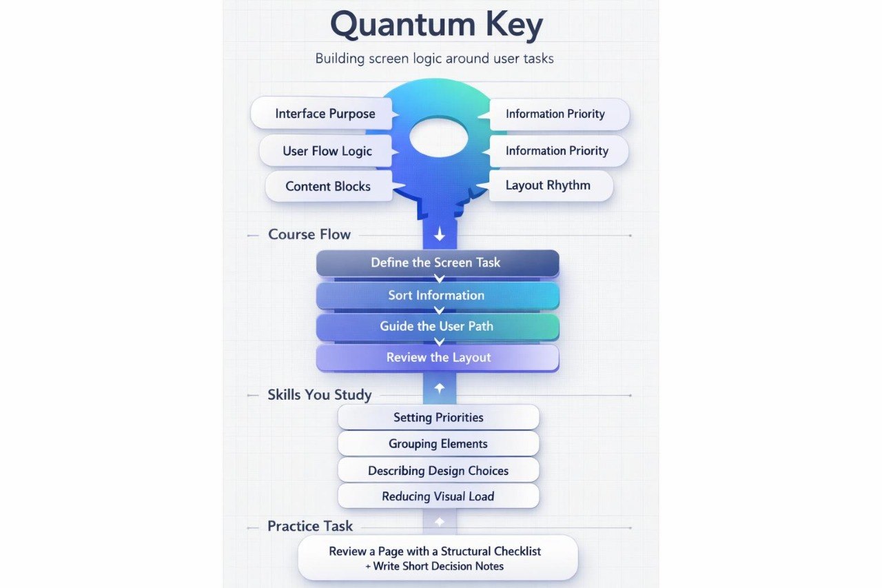 Diagram titled 'Quantum Key' explaining screen logic with user tasks on a white background.