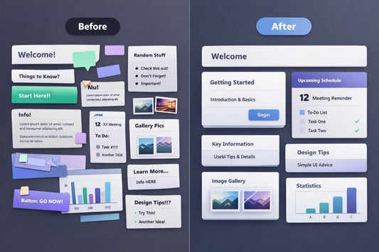 Before and after comparison of a user interface design on a dark background