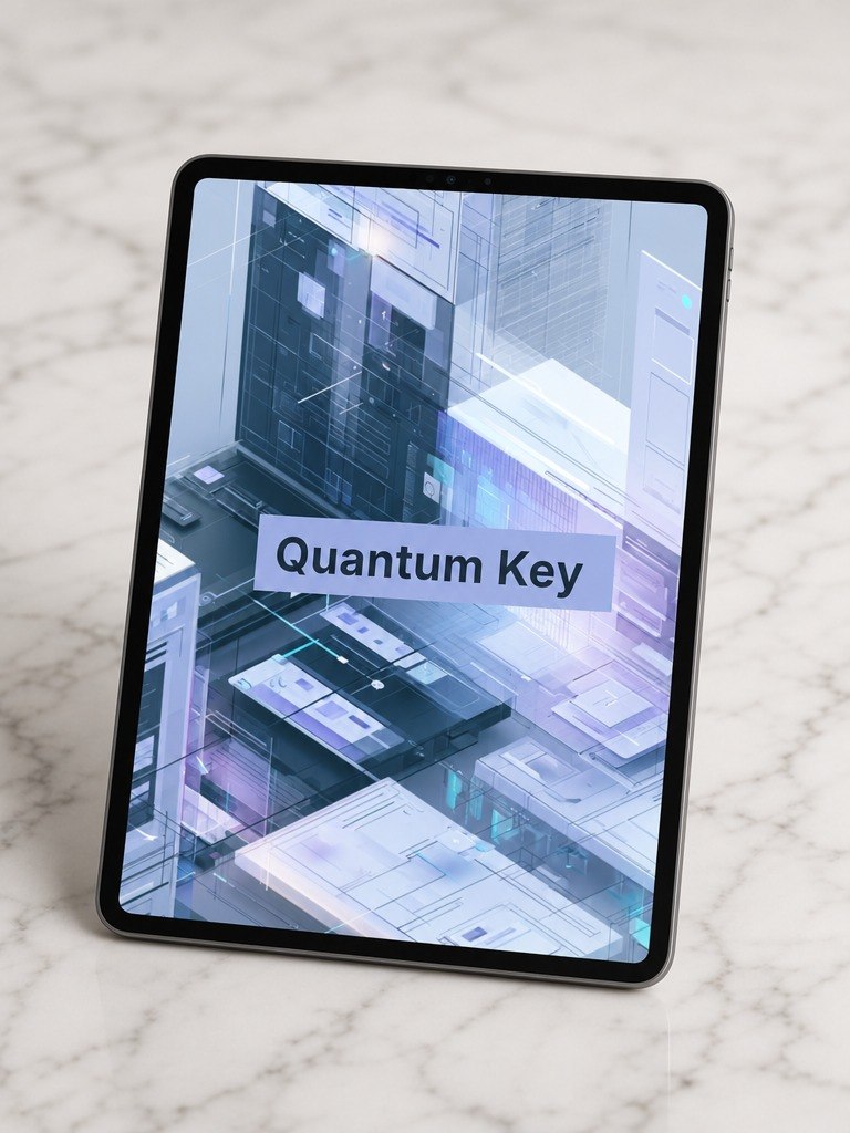 Tablet displaying a futuristic interface with 'Quantum Key' text on a marble surface