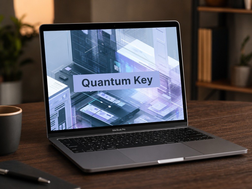 Laptop on a desk with 'Quantum Key' displayed on the screen